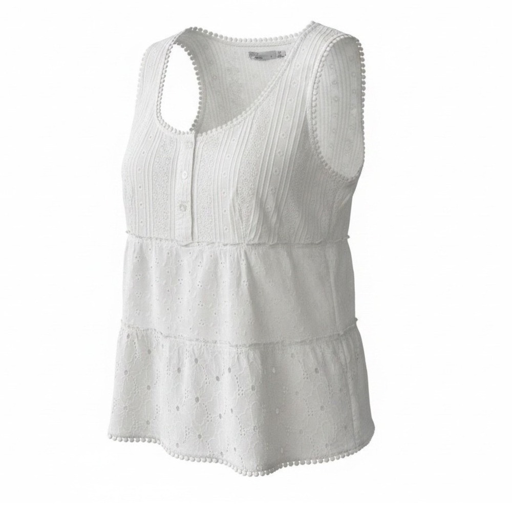 Prana White Eyelet‎ Lace Tiered Babydoll Tank Top Sleeveless Pintuck Boho Large - Picture 2 of 5